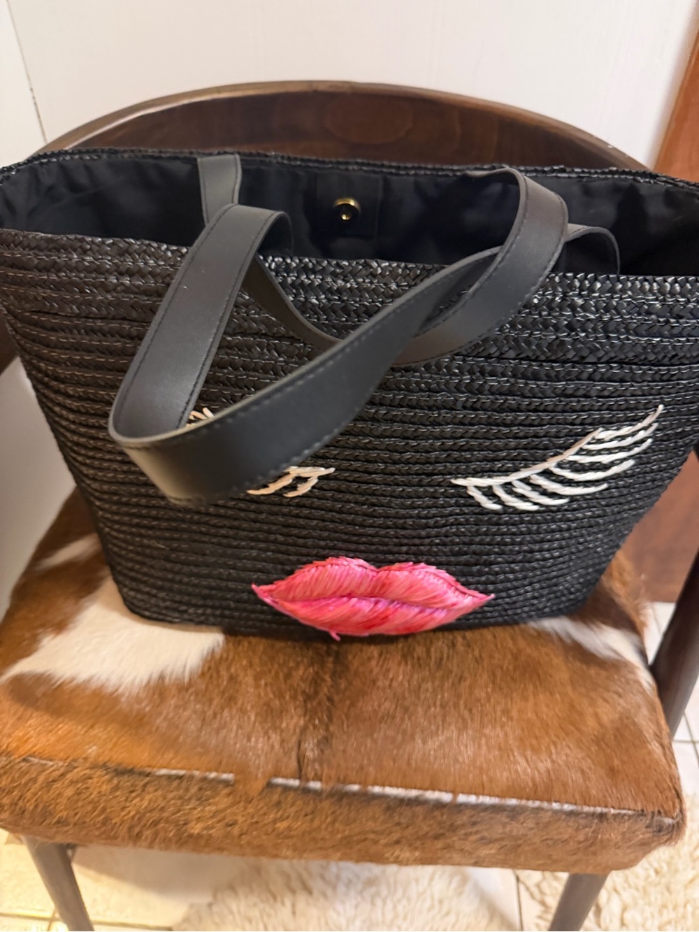 Black Woven Satchel with Pink Embroidered Lips